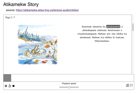 Screenshot of a read-along story in the Atikamekw language