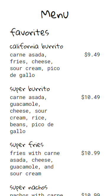 Alfredo's menu section (mobile)