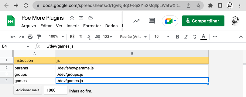 Google Sheet used to include games plugin