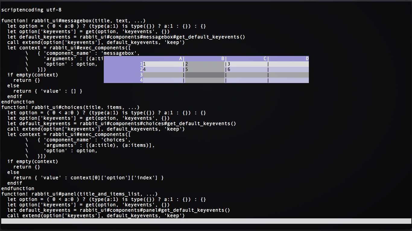 GitHub - rbtnn/vim-rabbit-ui: Rich UI Vim script Library · GitHub
