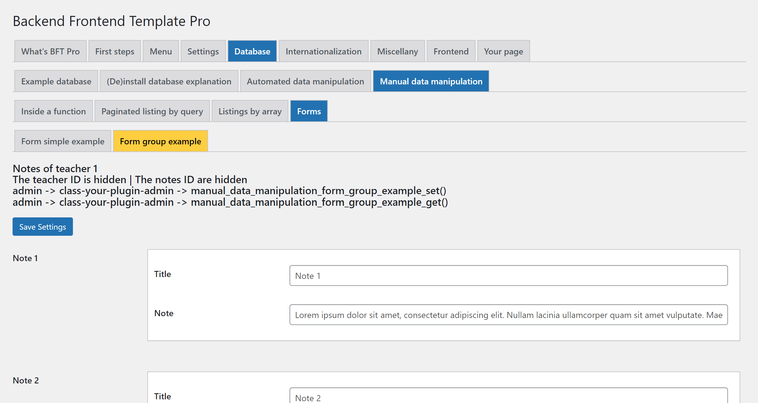 Backend Frontend Template Pro: example of a group form manually declared