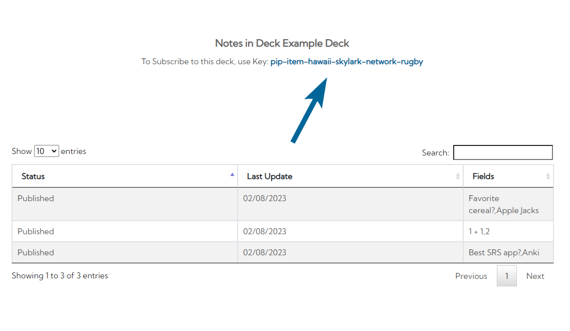 A blue arrow point to a subscription key on the AnkiCollab website.