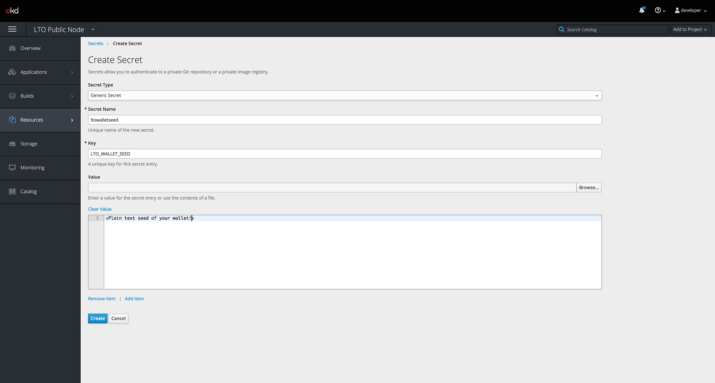 Create secret — An example of creating the LTO_WALLET_SEED generic secret