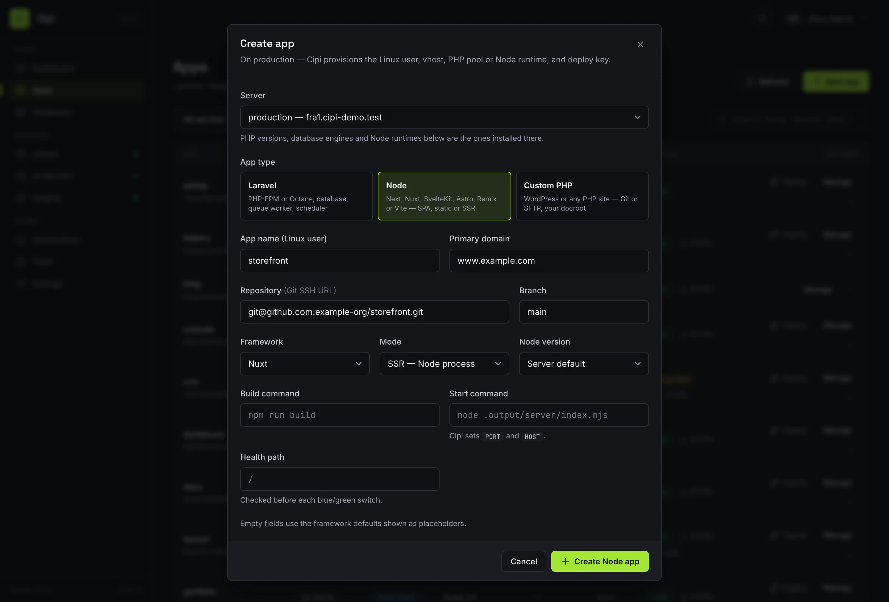 Create app form with the app type picker