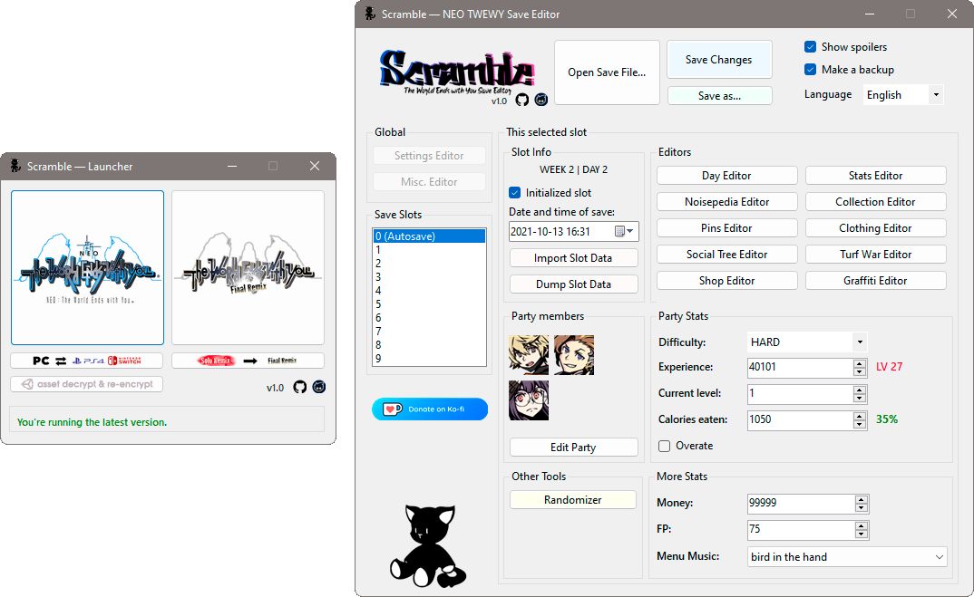 Screenshot of the editor launcher and NEO:TWEWY mode