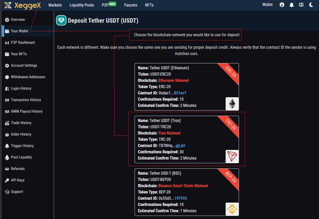 Creating a USDT-TRC20 DEPOSIT address on XeggeX 02