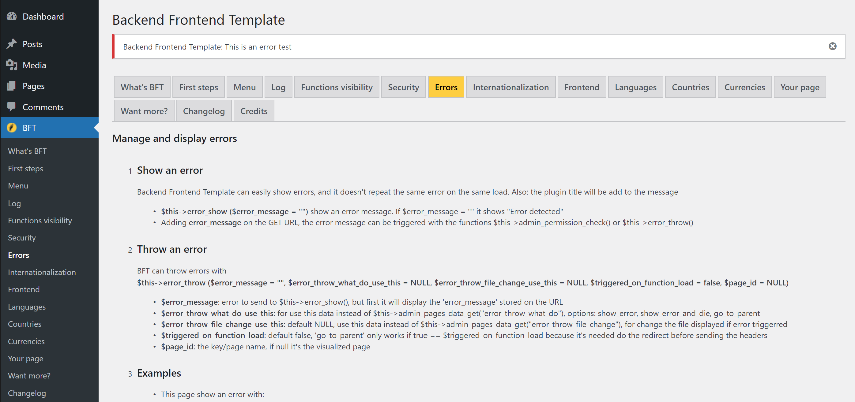 Backend Frontend Template: dashboard: manage and display errors