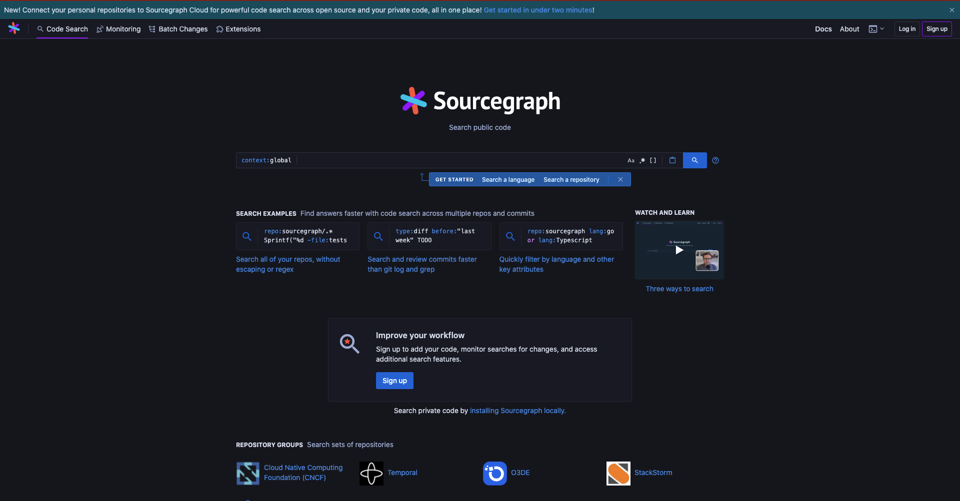 Sourcegraph Cloud homepage