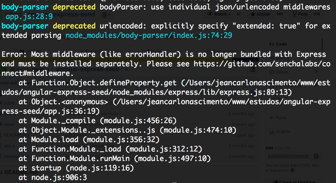 'Errors in npm install && node app'