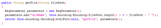 To understand the capabilities of Godzilla then, we can take a look in /shells/payloads/java/JavaShell.class. This class file contains all of the functions provided to the operator. Shown is an example of the getFile function.