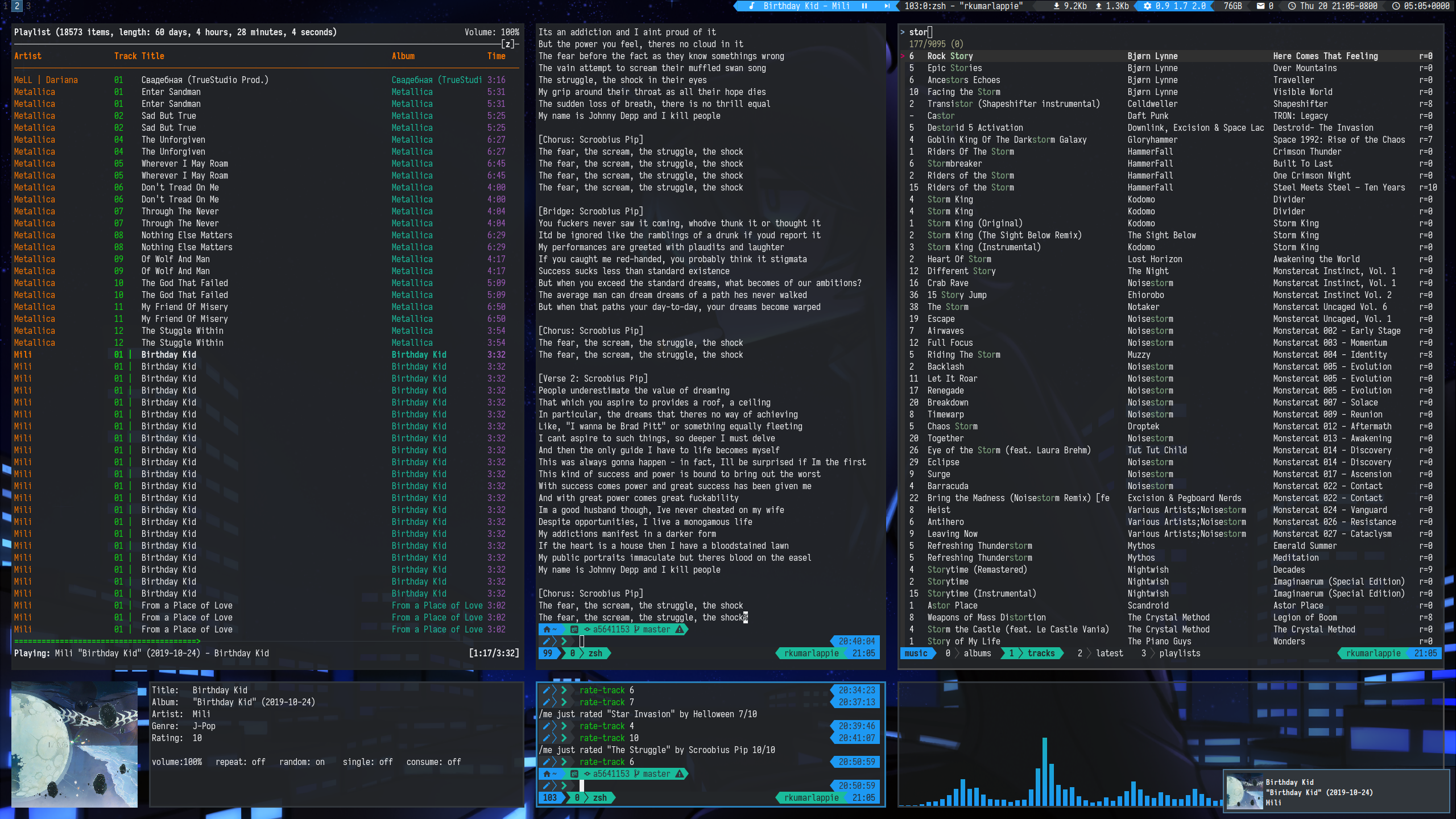 screenshot of my tiling terminal music setup