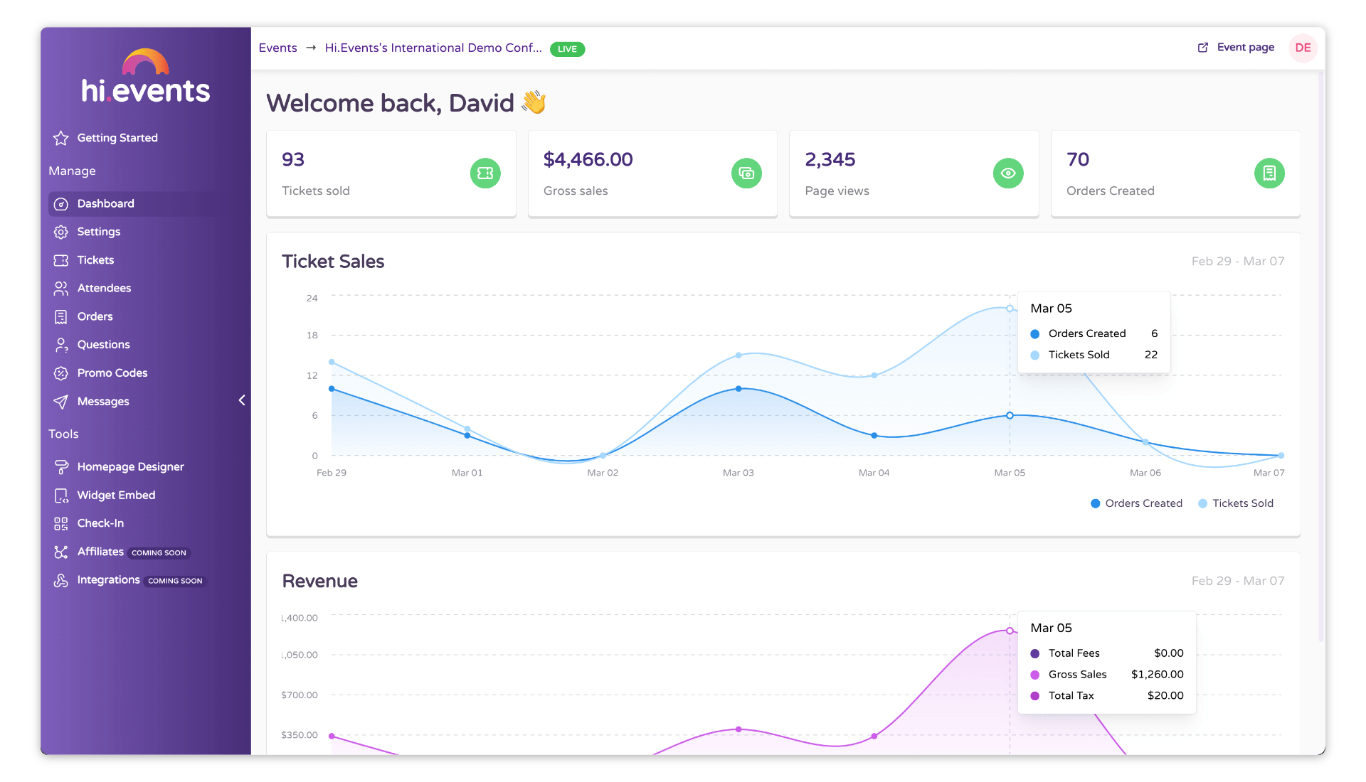 Hi.Events selbst gehostetes Ticketverkaufs-Dashboard