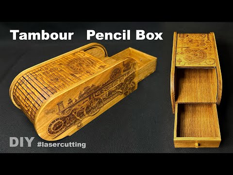 Unusual Wooden Pencil Box with Steampunk Engraving / Lasercutting / Tambour