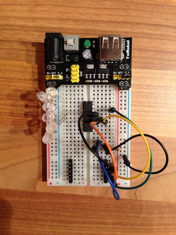 Breadboard, BeeWi Bluetooth pins, Shift register, LEDs, Transistor, Resistor, Control jumpers