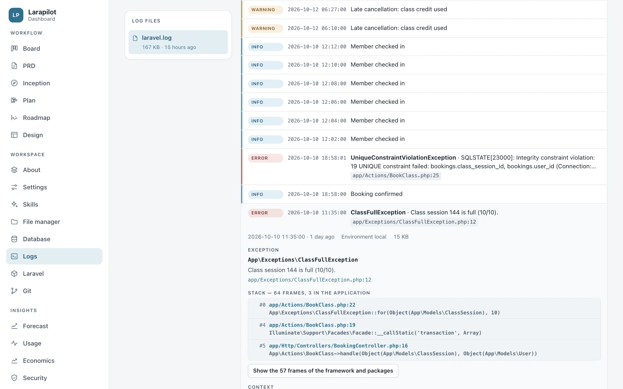 An exception opened on the frames of the application