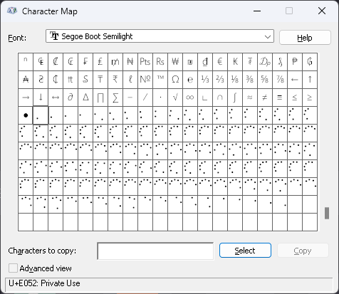 Character Map Preview of the font "Segoe Boot Semilight"