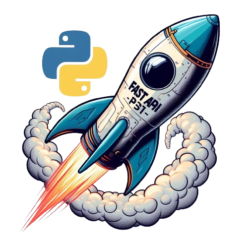 White and blue rocket with FastAPI text on it. A Python logo floating next to the rocket.