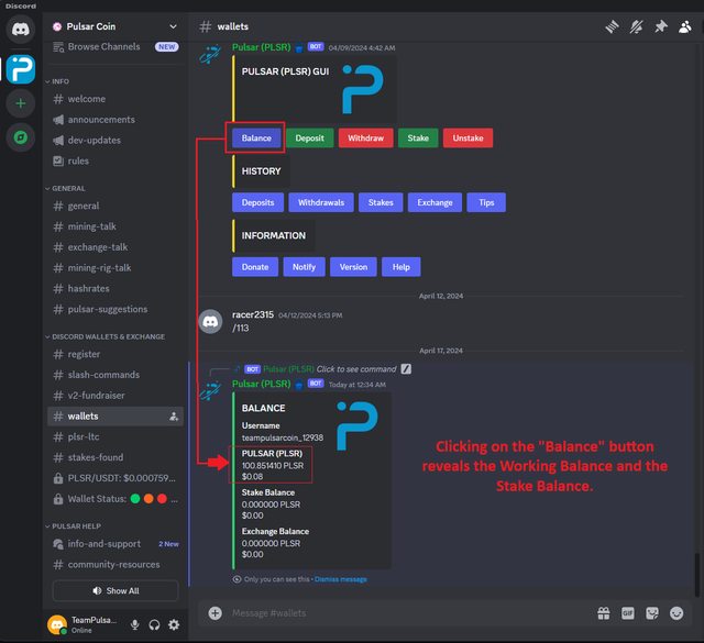 Clicking the "Balance" button reveals the existing working balance and the existing stake balance.