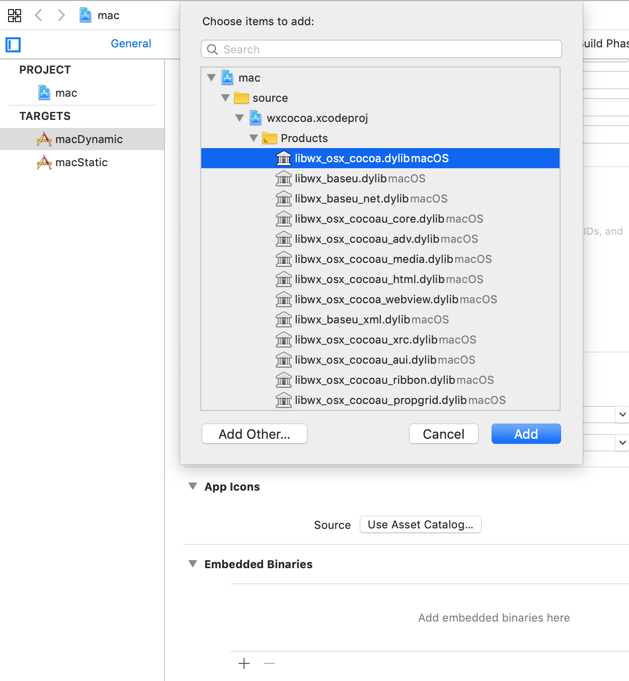 Embedded binaries and Linked Libraries selection