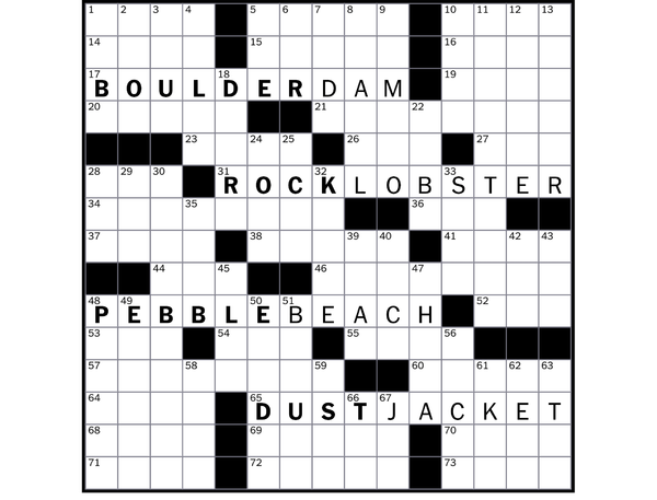 A partially filled crossword puzzle showing a theme around rocks. The themed words are bolded. 