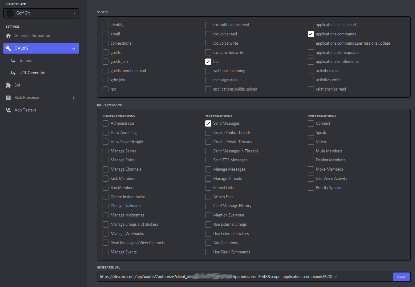 Screenshot of permissions in the discord dev portal