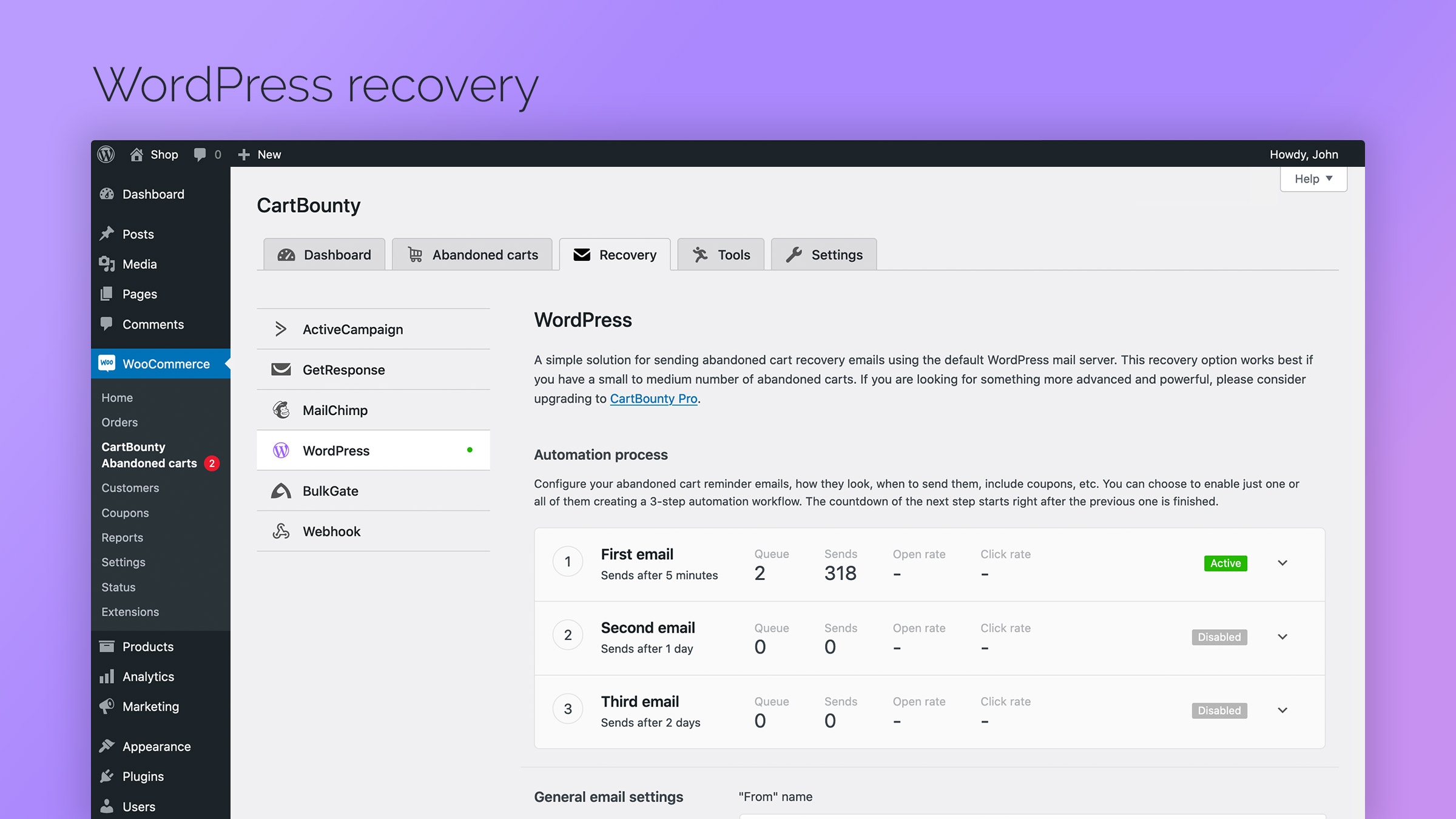 WordPress recovery email settings