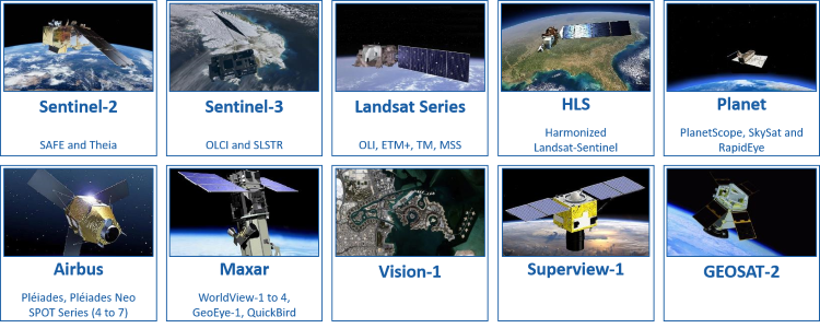 Sentinel-2 SAFE and Theia Sentinel-3 OLCI and SLSTR Landsat 1 to 9 Harmonized Landsat-Sentinel PlanetScope, SkySat and RapidEye Pleiades and Pleiades-Neo SPOT-6/7 and 4/5 Vision-1 Maxar (WorldViews, GeoEye) SuperView-1 GEOSAT-2
