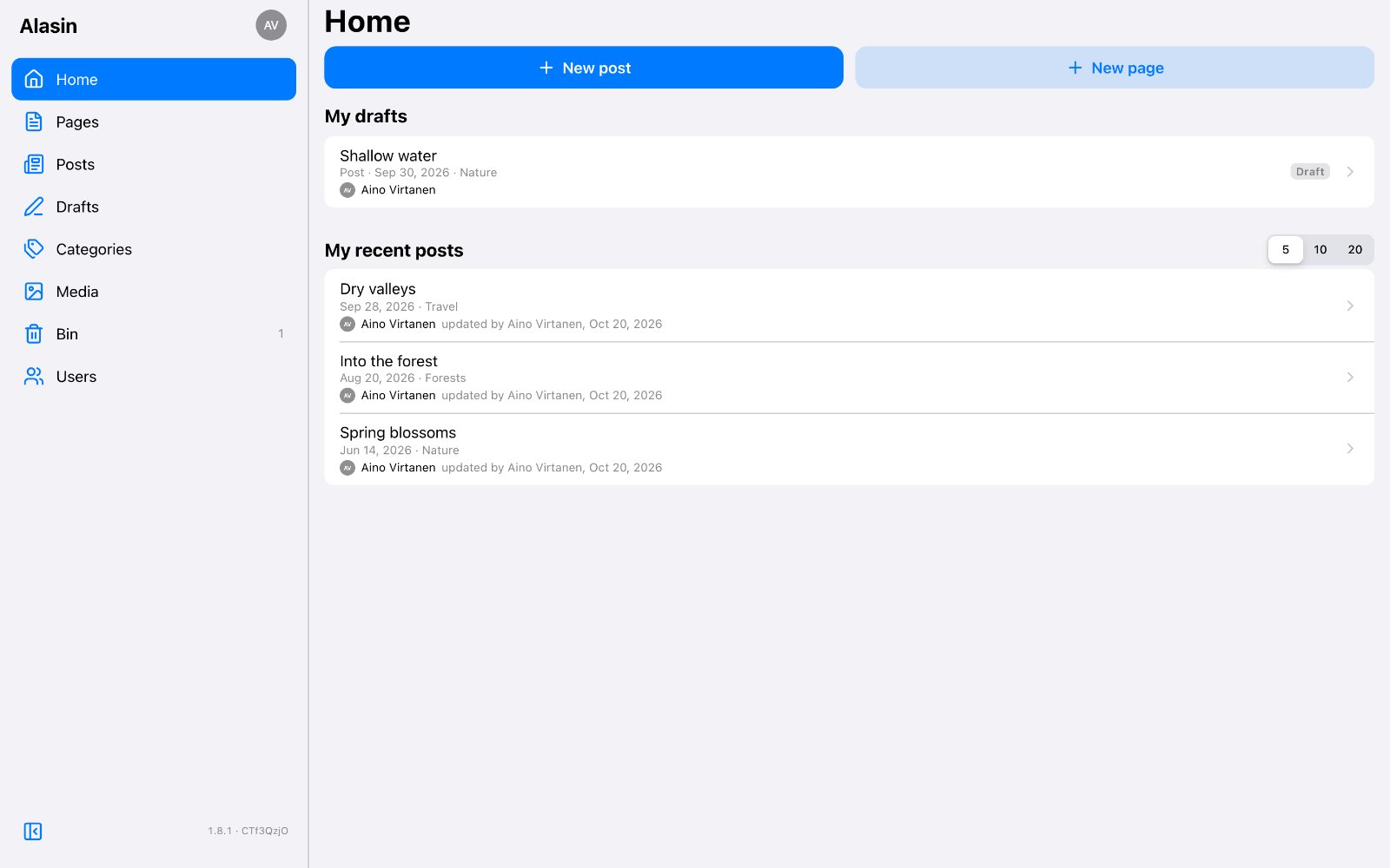 Home on the sample site: your drafts and the latest posts