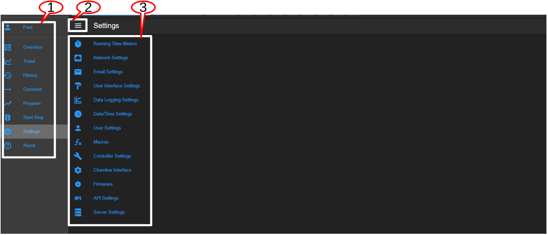 The Settings menu and its submenus