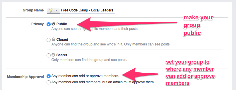 a screenshot showing the Facebook settings panel and where you can click to set the group to public and allow all members to be able to add or approve members