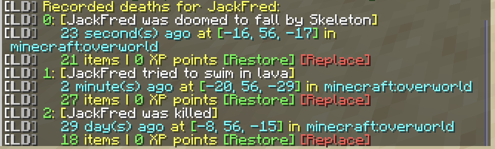 An example of the output of the restore command, showing a list of deaths and XP levels