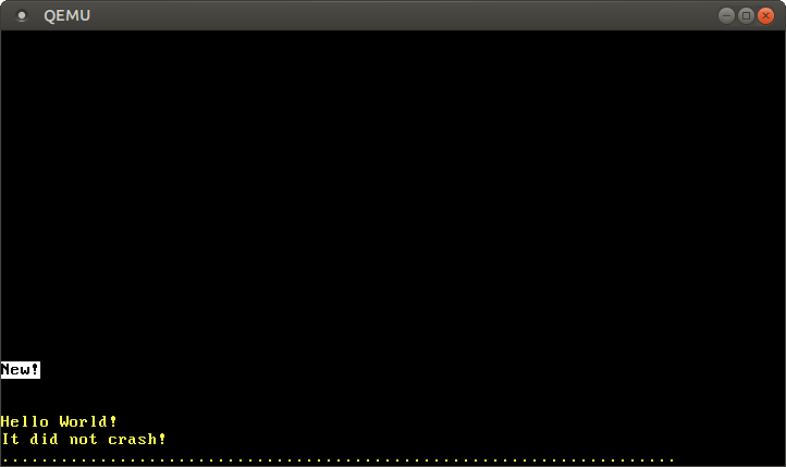 QEMU printing "It did not crash!" with four completely white cells in the middle of the screen