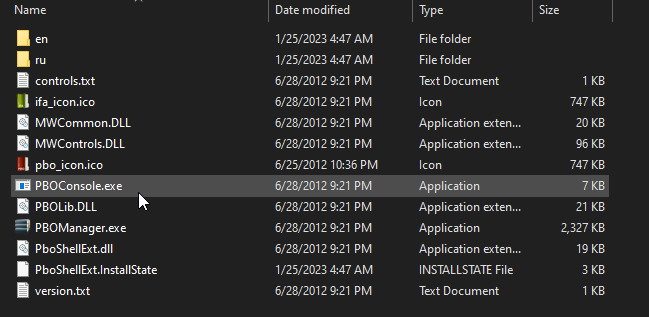 a file structure with a mouse pointing to PBOConsole.exe