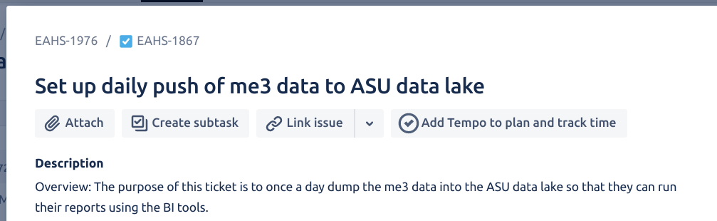 JIRA ticket titled "Set up a daily push of me3 data to ASU data lake"