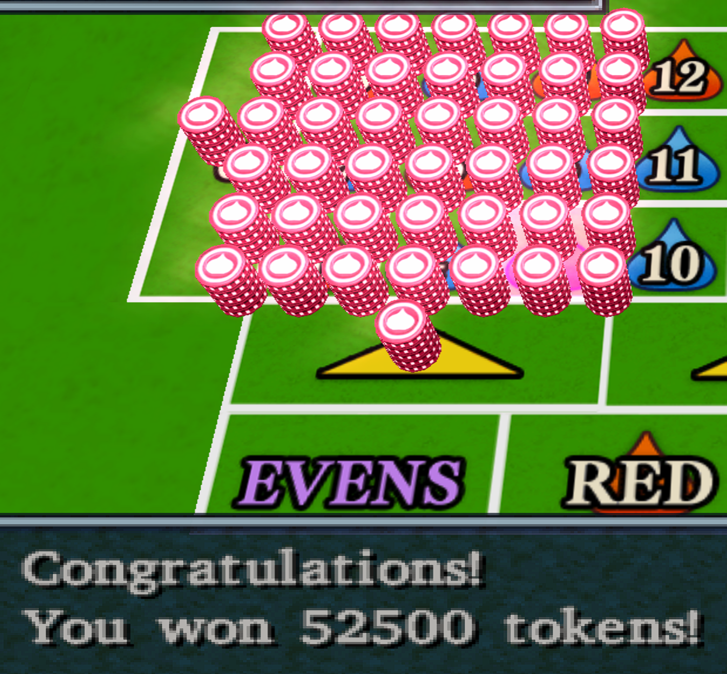 Roulette table with 22000 tokens on all available spaces from 0-9, with the number 7 highlighted for winning. A caption states "Congratulations! You won 52500 tokens!"