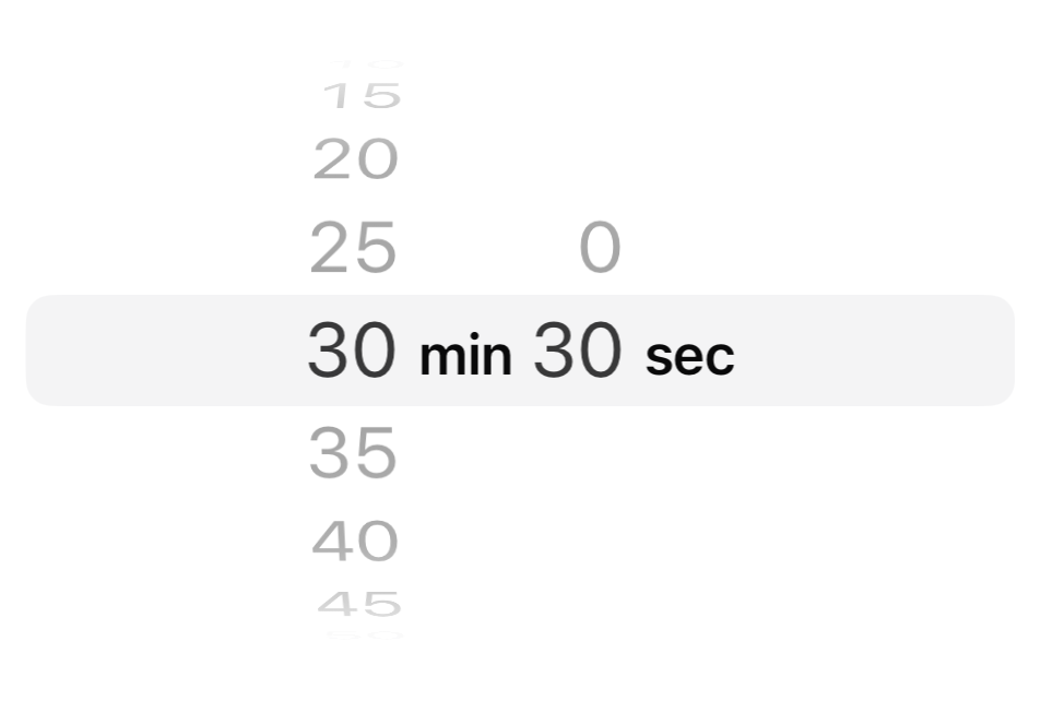 A screenshot of a duration picker showing the selected value of 30 minutes and 30 seconds.