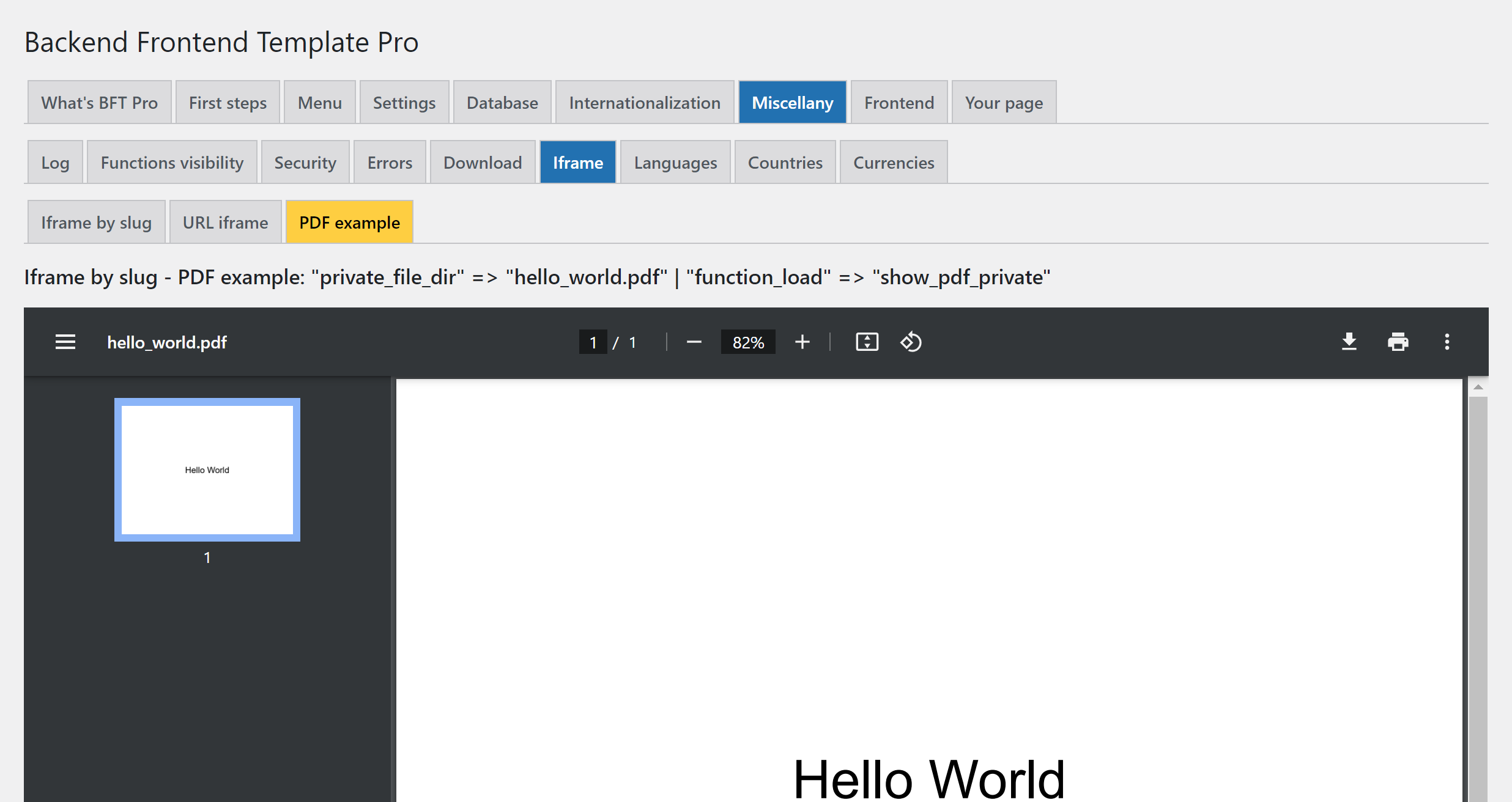 Backend Frontend Template Pro: example of an PDF by iframe on a page of the admin plugin menu