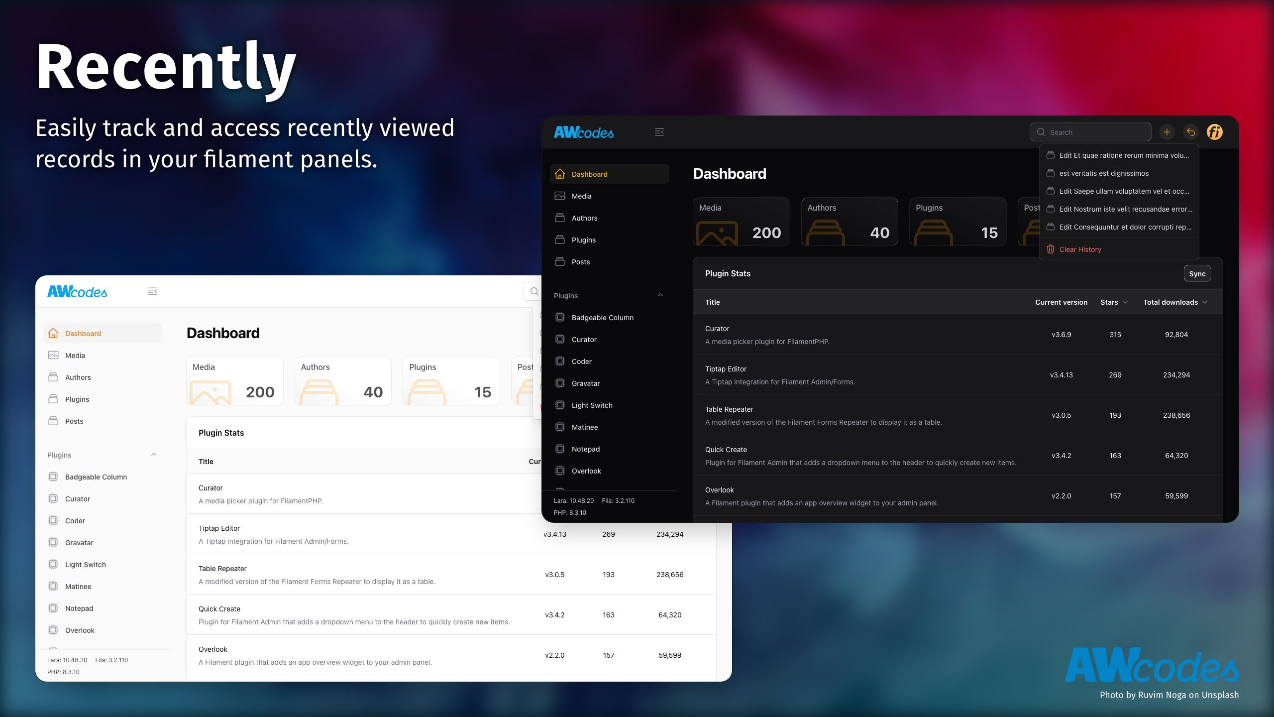 screenshots of palette in a filament panel