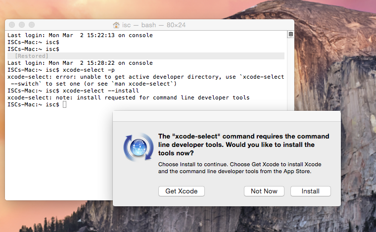 image showing the use of the terminal command xcode-select --install
