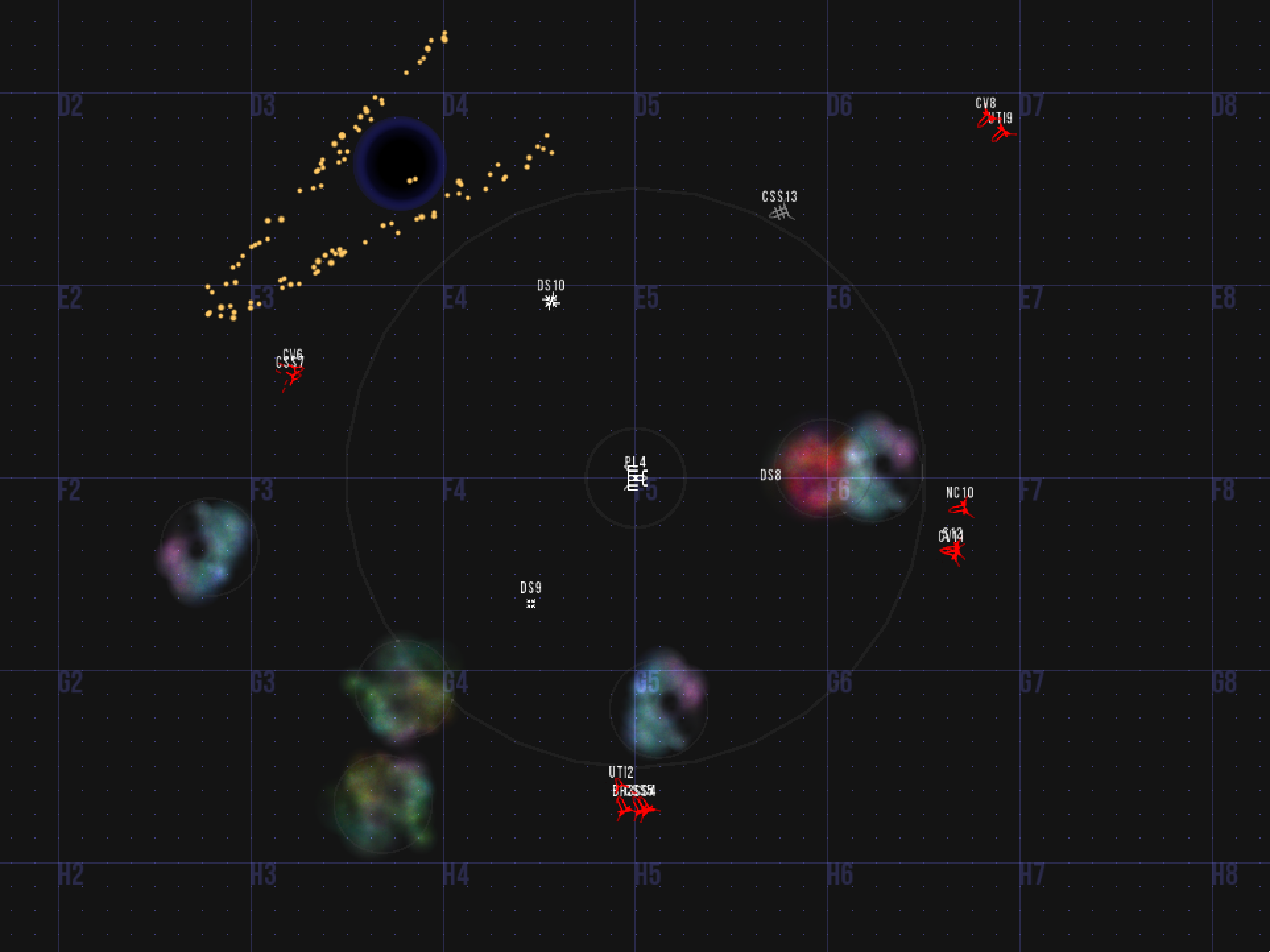 The Spectator view, showing ships, nebula, a black hole, and asteroids