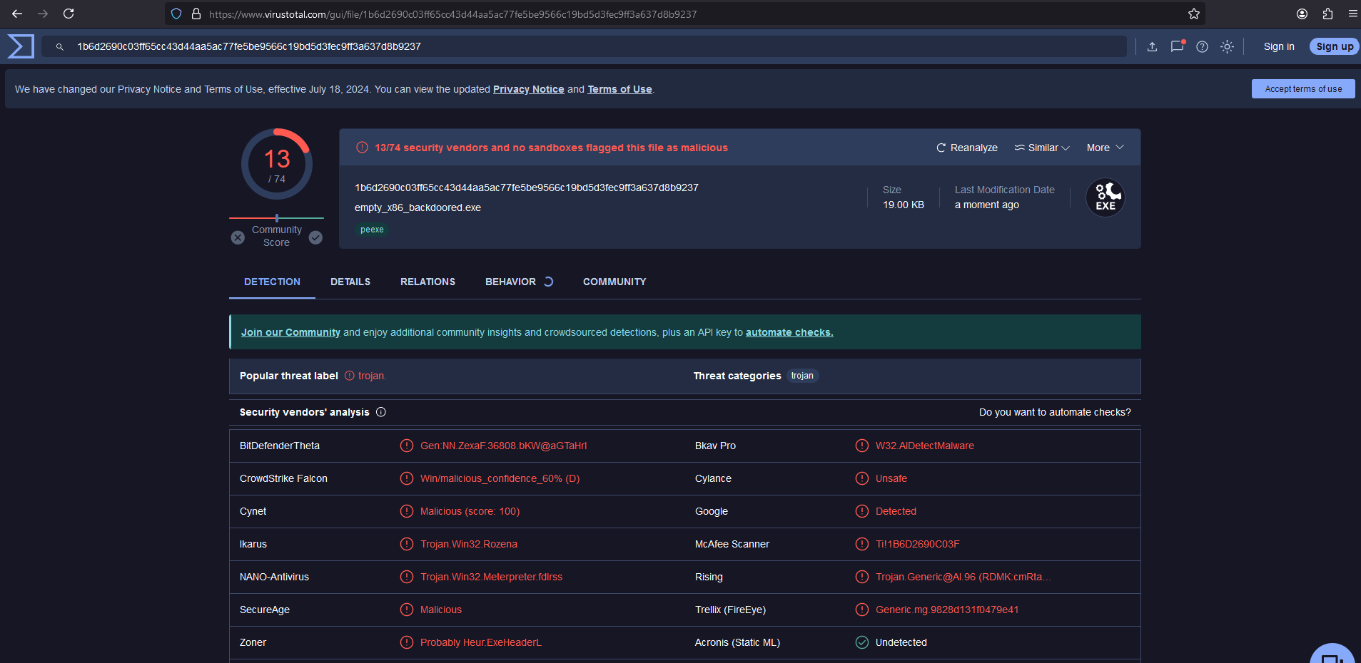 VirusTotal screenshot for x86 backdoored PE with polymorphic shellcode