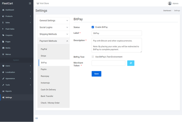 BitPay Settings Tab