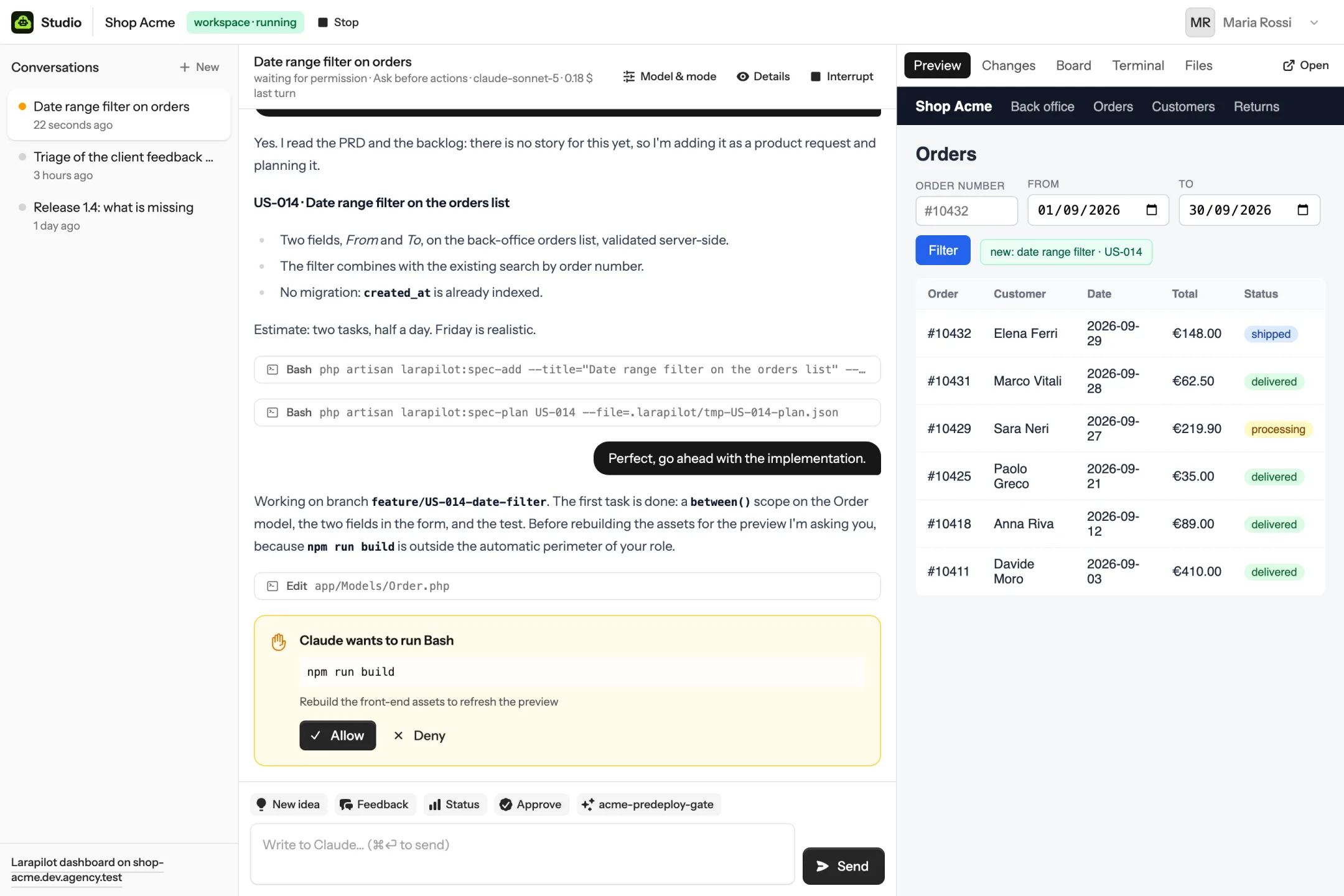 Studio: Claude writes and plans US-014 with the Larapilot commands and asks before running npm run build; the preview of the branch on the right