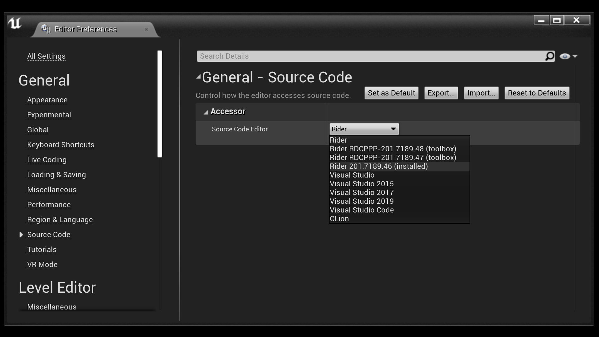 Example of dropdown box with Rider for Unreal Engine