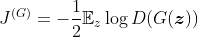 J ^ { ( G ) } = - \frac { 1 } { 2 } \mathbb { E } _ { z } \log D ( G ( \boldsymbol { z } ) )