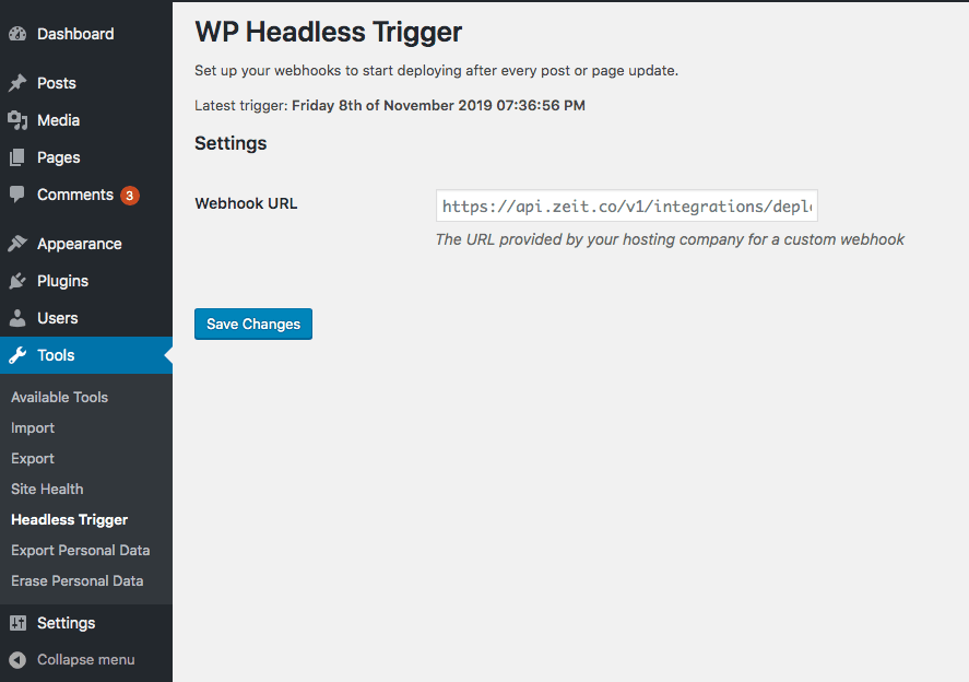 Settings page in WordPress admin
