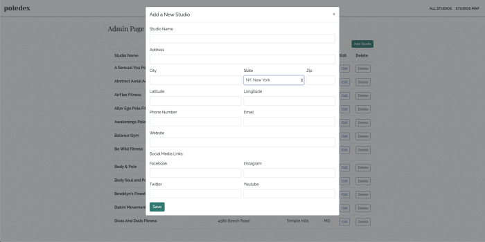 Image of Poledex Add Studio Form