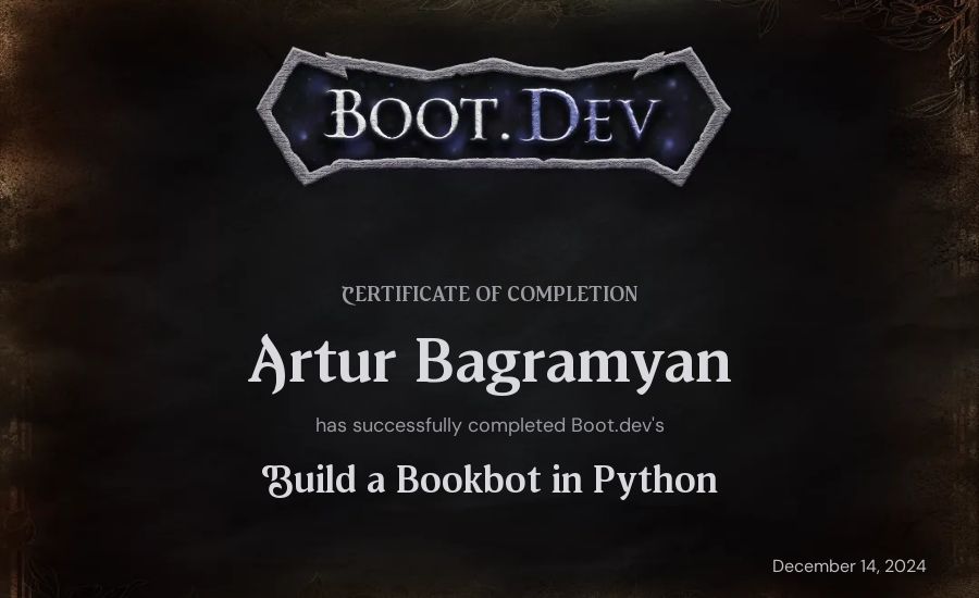 Сертификат курса Boot.dev