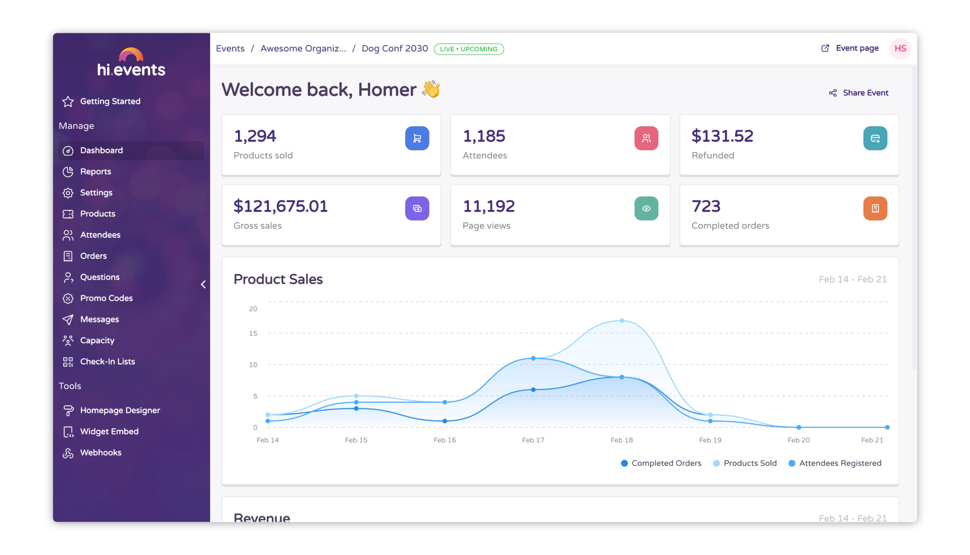 Hi.Events self-hosted ticket selling dashboard