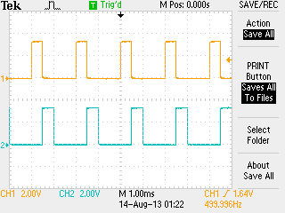 oscilloscope image of two adjacent signals used to drive the antenna rotations